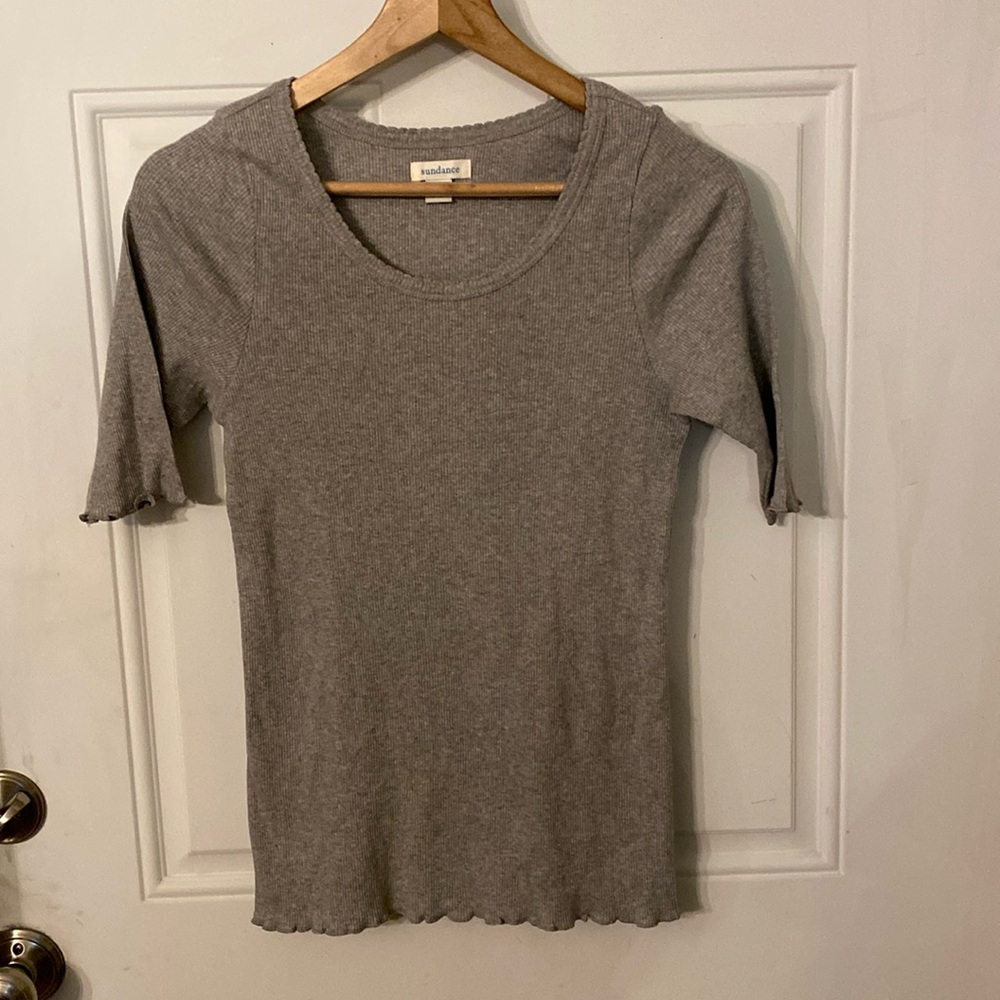Sundance Catalog Gray Ribbed Uber Tee Scalloped Abyss Short Sleeve Top